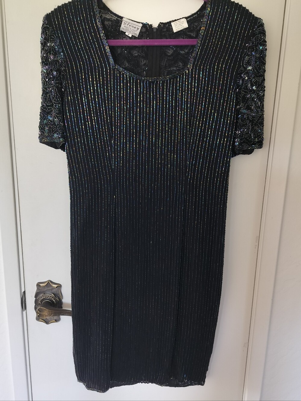 Vintage Sténay 100% Silk Black Beaded Sequin Cocktail Dress Size 8 Short Sleeve
